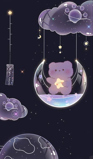 一隻紫色小熊在月亮泡泡中抱著一顆星星，漂浮在星空夜空中。 — 紫色美學 壁紙