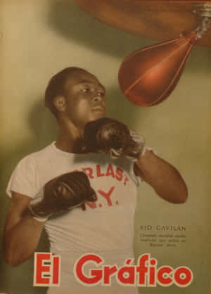 拳擊手 Kid Gavilán 在復古雜誌封面上，身穿 Everlast 手套和襯衫。 — 復古gif 壁紙