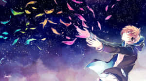 動漫男孩在星空夜空中伸手抓取發光魚和花瓣。 — 動畫小孩 壁紙