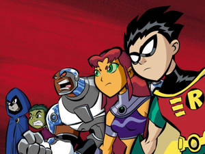 Teen Titans 超級英雄團隊在紅色背景下擺出動作姿勢