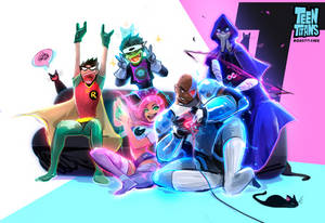 Teen Titans 超級英雄以色彩繽紛的姿勢，周圍有發光效果和貓咪。