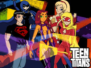Teen Titans 超級英雄團隊以色彩繽紛的動畫風格呈現，具有鮮明的輪廓和生動的色彩。