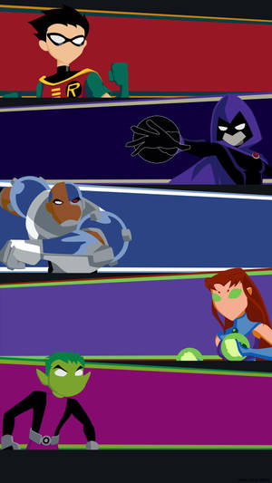 五個 Teen Titans 角色在色彩繽紛的面板中，各自擺出英雄姿勢。