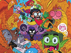 Teen Titans 角色在混亂的薄餅主題漫畫場景中。