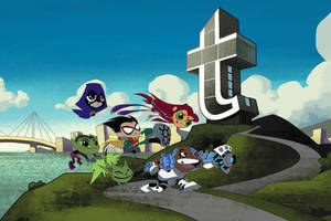Teen Titans 超級英雄團隊在城市橋樑和巨大 T 塔附近的山丘上奔跑。