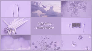 薰衣草色拼貼，花朵、雲朵、卡式錄音帶和棉花棒，文字 talk less smile more。 — 淺紫色動態圖片 壁紙