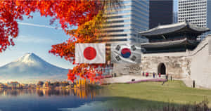秋葉環繞著富士山和湖泊，旁邊有現代建築和韓國門樓，以及日本和韓國國旗。