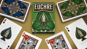 Euchre 紙牌遊戲盒，金色背景上放有撲克牌。
