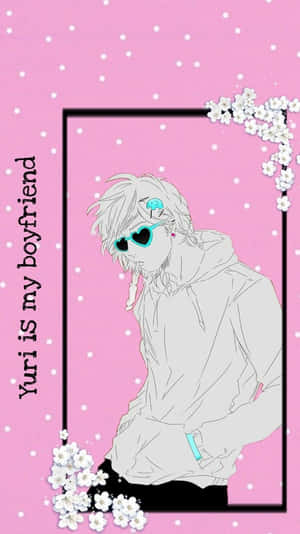 動漫男孩戴心形太陽眼鏡，櫻花環繞，粉紅色背景，附文字。