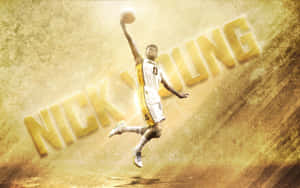 運動員Nick Young在半空中手持籃球，他的名字以3D字母顯示在金色紋理背景上。