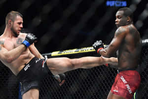 兩名男性MMA拳手在八角籠中，一人踢向另一人，後者阻擋。