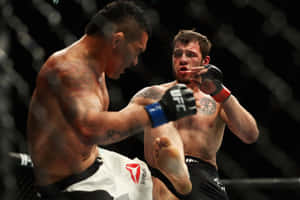 兩名戴著MMA手套的男性拳手在八角籠內交換高踢和阻擋。
