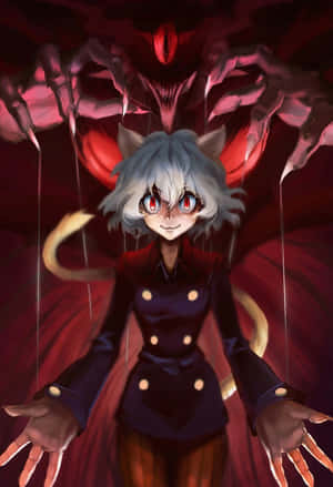 貓耳紅眼嘅動漫少女面對一個有爪嘅紅色惡魔實體。