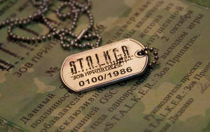 金屬狗牌，上面有「STALKER」和日期，放在帶有俄語文字的迷彩紙上。