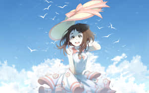 動漫女孩穿著花卉連衣裙和帽子坐在雲上，鳥兒在藍天飛翔 — 唯美雲朵動態 壁紙
