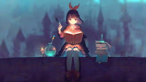 動漫女孩在暮色中於石頭邊緣閱讀發光的書，旁邊有魔法物品。