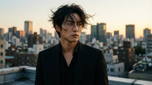 男子在黃金時段的城市屋頂上頭髮被風吹亂