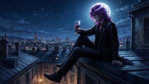 紫髮動漫角色在滿月下的城市屋頂上啜飲紅酒。