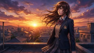 動漫少女穿著校服在天台欣賞夕陽下的城市景觀