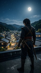 忍者於屋頂凝視月光下的山村 — 對馬戰鬼 GIF 壁紙