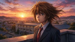 動漫男孩穿校服在屋頂觀看城市日落
