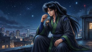 動漫戰士長黑髮坐在屋頂，在星空下拿著吊墜，背後有城市燈光。