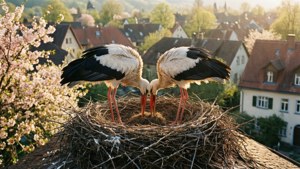 兩隻鸛鳥在屋頂上的巢中依偎，被櫻花和房屋環繞。