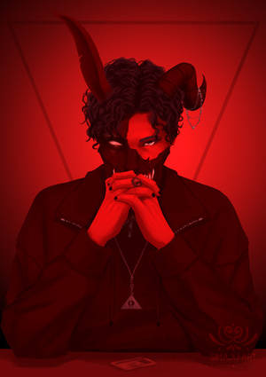 一個有角和發光眼睛的惡魔般的人物坐在紅光照亮的房間裡，雙手合十。 — 死亡動畫 壁紙