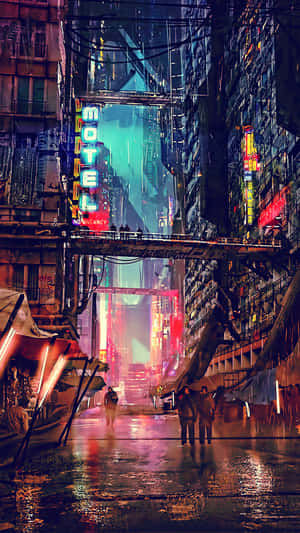 夜晚霓虹燈照亮的賽博龐克小巷，帶有雨反射和行人。 — 未來風格動態圖 壁紙