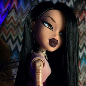 黑髮和紋身的 Bratz 公仔在鋸齒紋背景前擺姿勢。