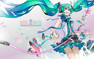 動漫歌手初音未來，擁有飄逸的藍綠色頭髮和未來風格服裝，被發光的科技效果包圍。