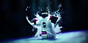 Roblox 頭像在數位粒子爆炸中發出紫色光芒。