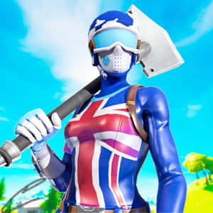 Fortnite角色穿著英國國旗服裝在晴朗天空下拿著鎬子
