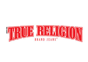 帶有白色輪廓的紅色 True Religion 品牌牛仔褲標誌