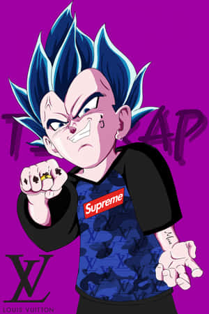 動漫角色比達身穿 Supreme 和 Louis Vuitton 服裝，紫色背景。