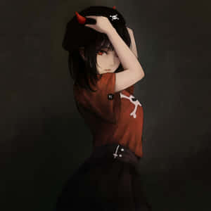 紅眼惡魔角動漫女孩穿著骷髏主題服裝。