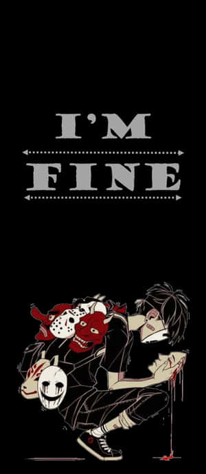 動漫角色拿著面具，血滴落，文字顯示 I'M FINE。 — Galaxy Z Flip 7 壁紙