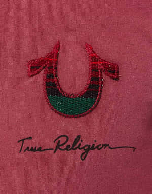 栗色布料上的刺繡馬蹄鐵標誌和「True Religion」文字。