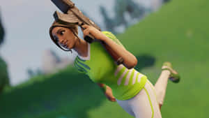 Fortnite角色穿著綠色服裝在草坡上瞄準步槍 — Fortnite 造型 壁紙