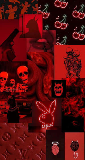 深紅色拼貼畫，包含骷髏、櫻桃、魔鬼和奢華標誌。 — Baddie 美學 壁紙
