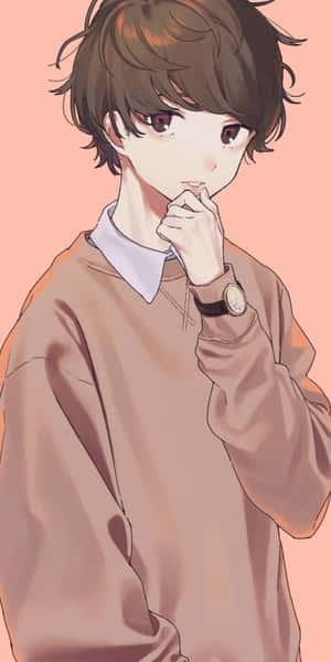 穿著棕色毛衣的動漫男孩在粉紅色背景上用手托著下巴思考
