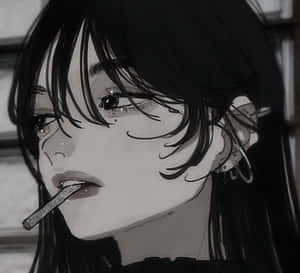 黑髮和穿環的動漫女孩在灰階中抽煙。