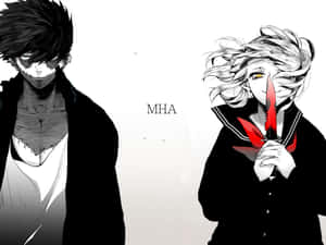 兩個動漫角色在緊張的對峙中，一個手持紅色刀刃。 — Himiko toga GIF 壁紙