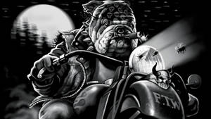 鬥牛犬騎士在滿月下騎電單車，蒼蠅嗡嗡作響