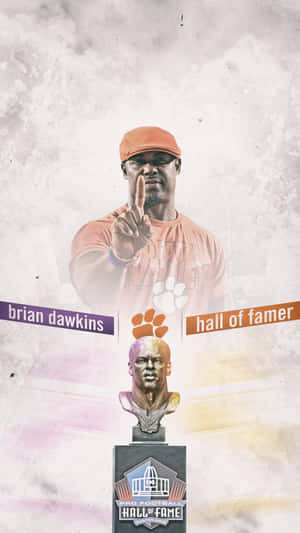 Brian Dawkins 名人堂半身像，上方有運動員肖像