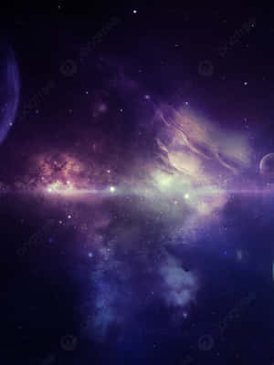 深空中帶有發光星星和遙遠行星的鮮豔紫色和藍色星雲。