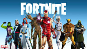 Fortnite 遊戲角色包括鋼鐵人和金鋼狼英勇擺姿勢。