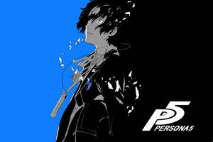 來自 Persona 5 的動漫角色，帶有碎片化的頭髮和麥克風，背景為藍色和黑色。