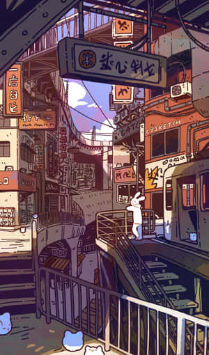 一隻白兔在黃昏時分站在一座橋上，身處充滿活力的霓虹燈日本城市小巷中。