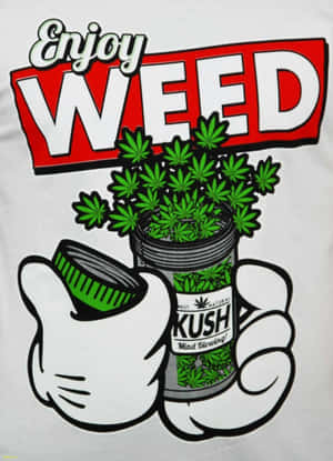 卡通手拿著標有kush的雜草罐，帶有文字enjoy weed